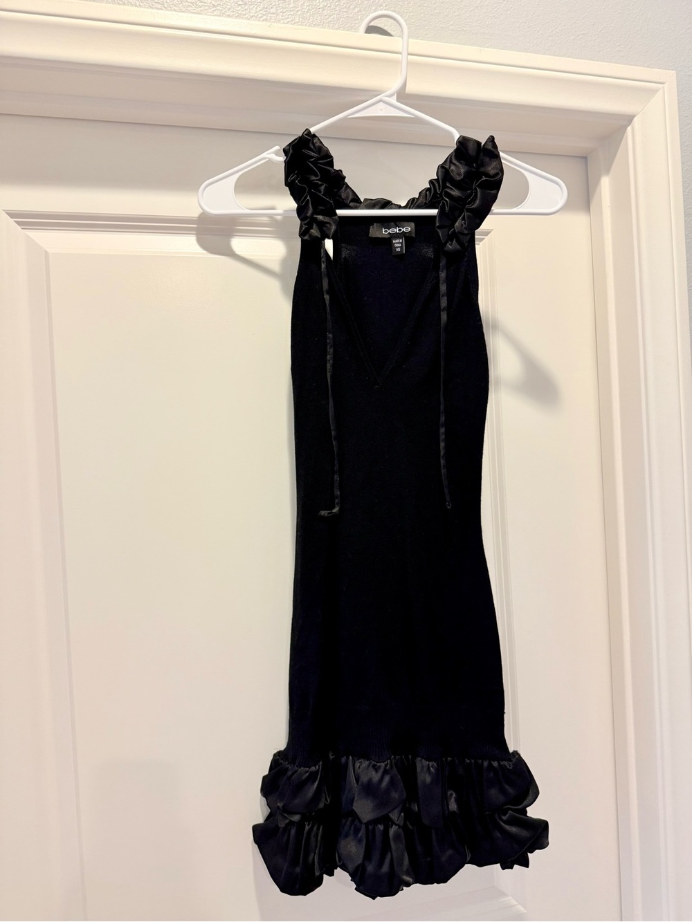 bebe XS Black Knit Ruffle Trim Bodycon Dress Y2K